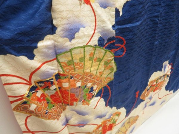 Photo3: 5507T13z950 Vintage Japanese Kimono Silk FURISODE Folding fan Dark blue (3)