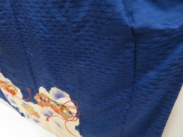 Photo4: 5507T13z950 Vintage Japanese Kimono Silk FURISODE Folding fan Dark blue (4)
