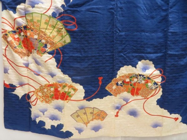 Photo5: 5507T13z950 Vintage Japanese Kimono Silk FURISODE Folding fan Dark blue (5)