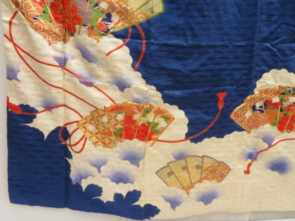 Photo6: 5507T13z950 Vintage Japanese Kimono Silk FURISODE Folding fan Dark blue (6)