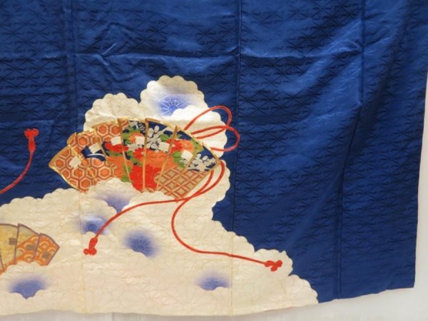 Photo7: 5507T13z950 Vintage Japanese Kimono Silk FURISODE Folding fan Dark blue (7)