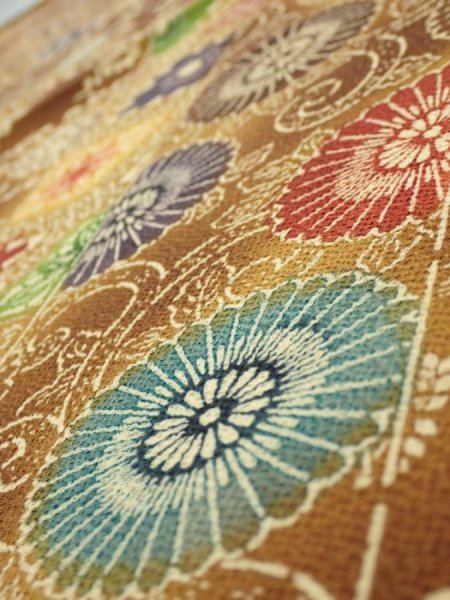 Photo4: 3K01z70  Japanese Kimono Crepe Silk  FABRIC Flowers Yellow-Brown 39.0x14.0 (4)