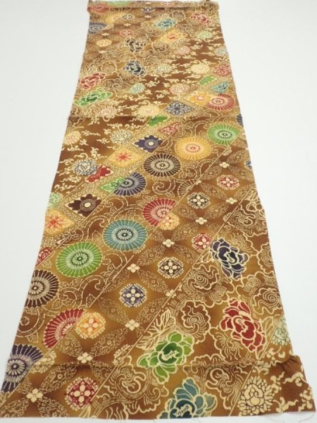 Photo5: 3K01z70  Japanese Kimono Crepe Silk  FABRIC Flowers Yellow-Brown 39.0x14.0 (5)