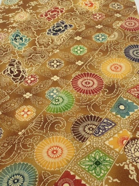 Photo1: 3K03z100  Japanese Kimono Crepe Silk  FABRIC Flowers Yellow-Brown 62.2x14.0 (1)