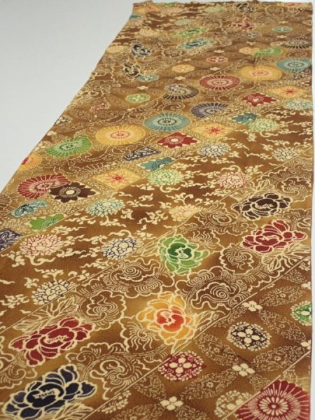 Photo3: 3K03z100  Japanese Kimono Crepe Silk  FABRIC Flowers Yellow-Brown 62.2x14.0 (3)