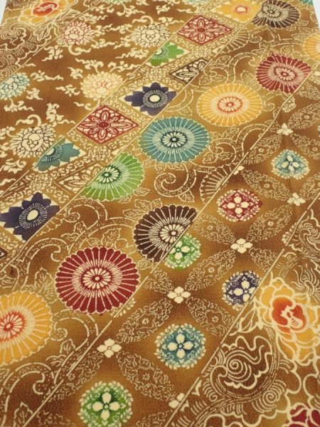 Photo1: 3K04z100  Japanese Kimono Crepe Silk  FABRIC Flowers Yellow-Brown 62.6x14.2 (1)