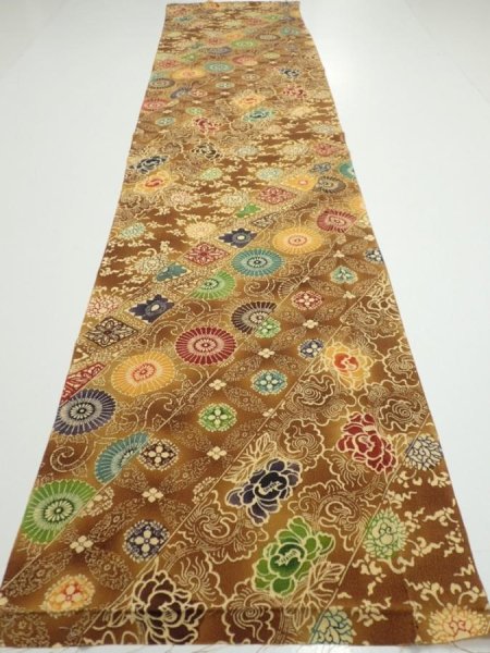 Photo5: 3K05z100  Japanese Kimono Crepe Silk  FABRIC Flowers Yellow-Brown 61.4x14.0 (5)