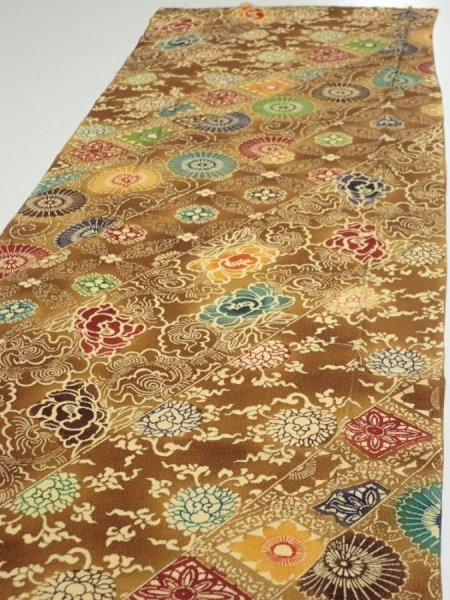 Photo3: 3K06z100  Japanese Kimono Crepe Silk  FABRIC Flowers Yellow-Brown 61.4x14.0 (3)