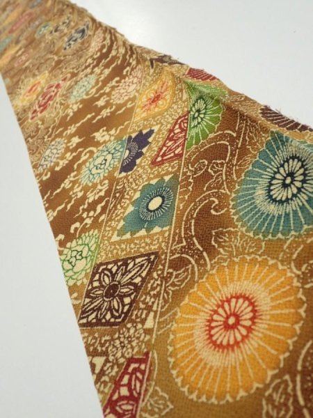 Photo1: 3K08z50  Japanese Kimono Crepe Silk  FABRIC Flowers Yellow-Brown 56.7x7.1 (1)