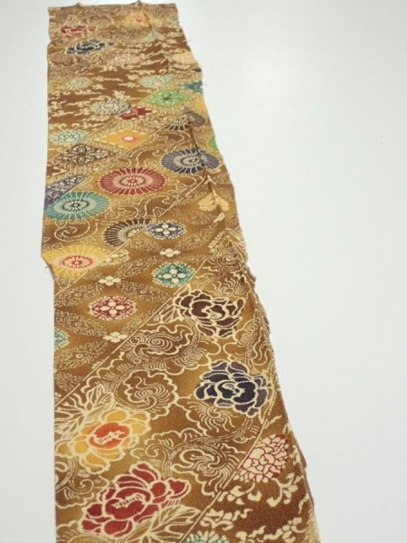 Photo2: 3K08z50  Japanese Kimono Crepe Silk  FABRIC Flowers Yellow-Brown 56.7x7.1 (2)