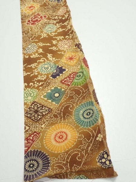 Photo3: 3K08z50  Japanese Kimono Crepe Silk  FABRIC Flowers Yellow-Brown 56.7x7.1 (3)