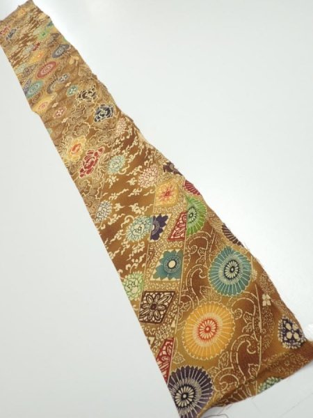 Photo5: 3K08z50  Japanese Kimono Crepe Silk  FABRIC Flowers Yellow-Brown 56.7x7.1 (5)