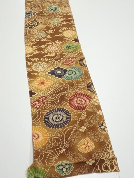 Photo2: 3K09z60  Japanese Kimono Crepe Silk  FABRIC Flowers Yellow-Brown 78.3x6.9 (2)