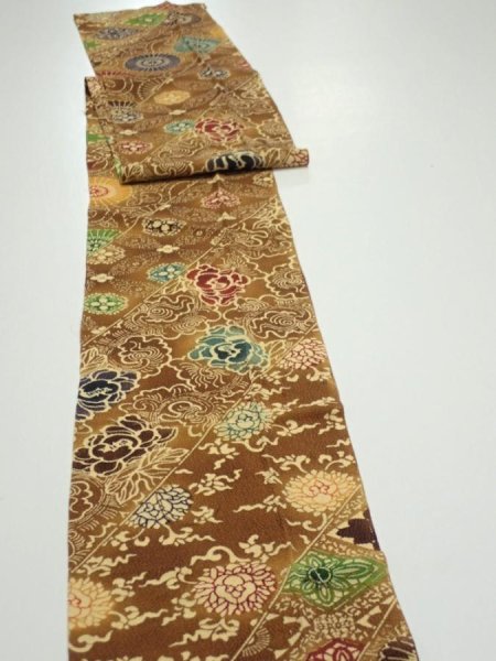 Photo3: 3K09z60  Japanese Kimono Crepe Silk  FABRIC Flowers Yellow-Brown 78.3x6.9 (3)