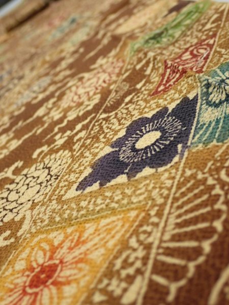 Photo4: 3K09z60  Japanese Kimono Crepe Silk  FABRIC Flowers Yellow-Brown 78.3x6.9 (4)