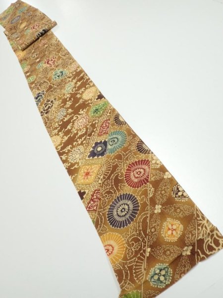 Photo5: 3K09z60  Japanese Kimono Crepe Silk  FABRIC Flowers Yellow-Brown 78.3x6.9 (5)