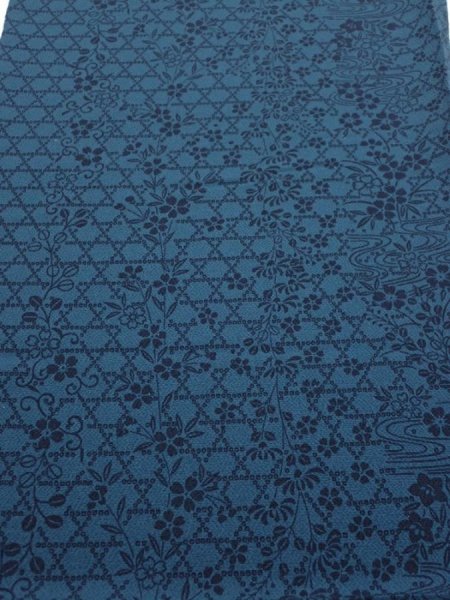 Photo1: 3K01z80  Japanese Kimono Crepe Silk  FABRIC Flowers Dark cyan blue 41.7x14.2 (1)