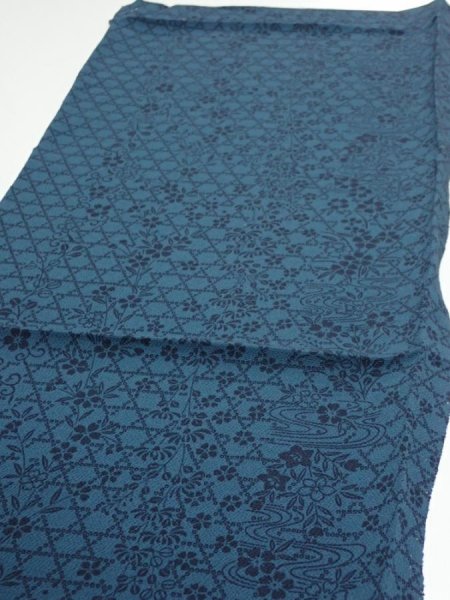 Photo3: 3K02z80  Japanese Kimono Crepe Silk  FABRIC Flowers Dark cyan blue 41.3x14.2 (3)