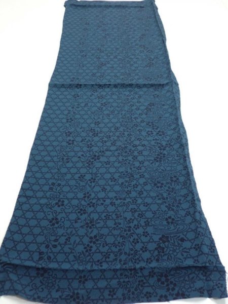 Photo4: 3K02z80  Japanese Kimono Crepe Silk  FABRIC Flowers Dark cyan blue 41.3x14.2 (4)