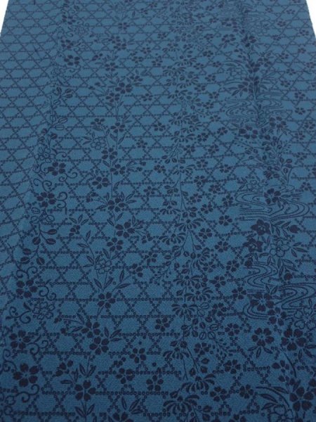 Photo1: 3K04z110  Japanese Kimono Crepe Silk  FABRIC Flowers Dark cyan blue 64.2x14.2 (1)
