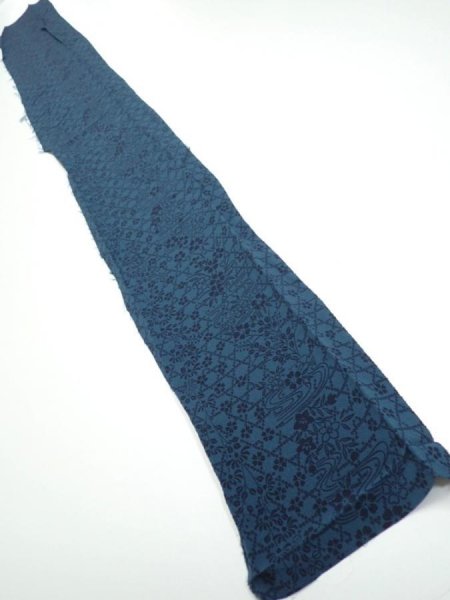 Photo5: 3K08z60  Japanese Kimono Crepe Silk  FABRIC Flowers Dark cyan blue 59.1x7.5 (5)