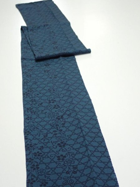 Photo3: 3K09z70  Japanese Kimono Crepe Silk  FABRIC Flowers Dark cyan blue 80.7x6.5 (3)