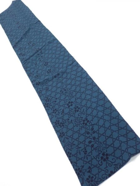 Photo1: 3K10z30  Japanese Kimono Crepe Silk  FABRIC Flowers Dark cyan blue 37.8x6.5 (1)