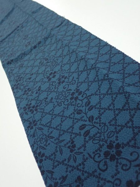 Photo2: 3K10z30  Japanese Kimono Crepe Silk  FABRIC Flowers Dark cyan blue 37.8x6.5 (2)