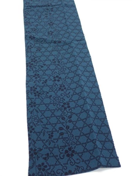 Photo3: 3K10z30  Japanese Kimono Crepe Silk  FABRIC Flowers Dark cyan blue 37.8x6.5 (3)