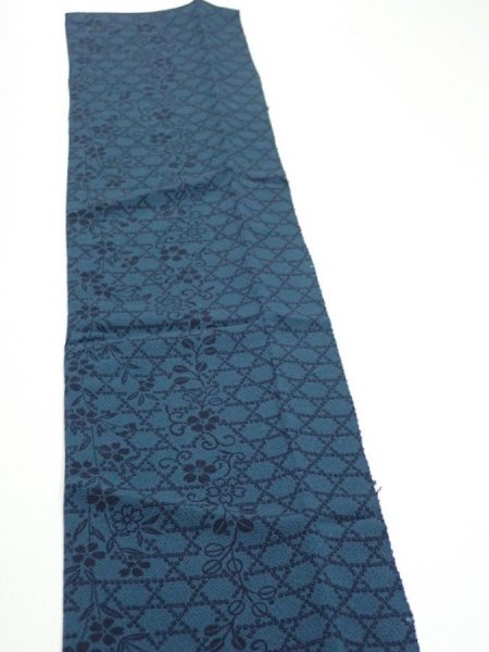 Photo4: 3K10z30  Japanese Kimono Crepe Silk  FABRIC Flowers Dark cyan blue 37.8x6.5 (4)