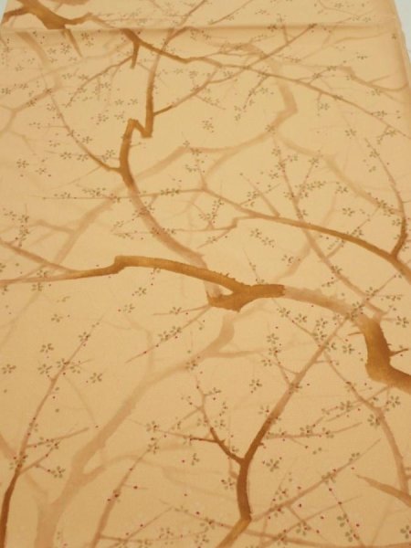 Photo1: 3K02z50  Japanese Kimono Silk  FABRIC Branch Yellow-Orange 39.4x14.4 (1)