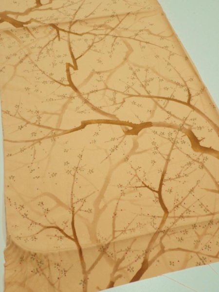 Photo2: 3K02z50  Japanese Kimono Silk  FABRIC Branch Yellow-Orange 39.4x14.4 (2)