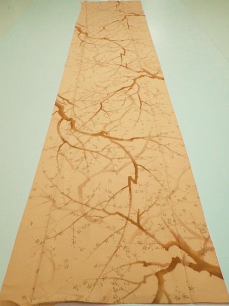 Photo5: 3K04z80  Japanese Kimono Silk  FABRIC Branch Yellow-Orange 64.2x14.4 (5)