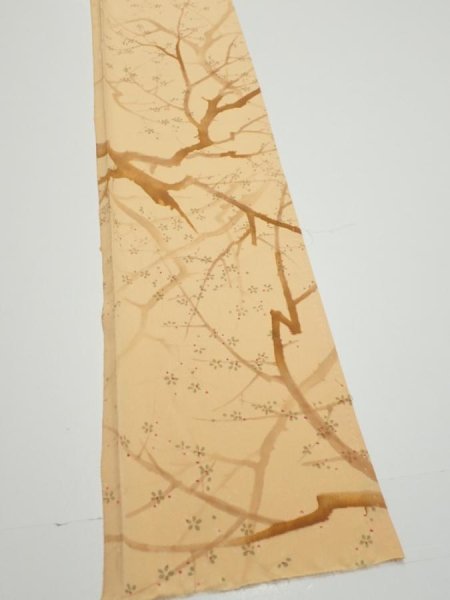 Photo2: 3K08z40  Japanese Kimono Silk  FABRIC Branch Yellow-Orange 57.5x7.1 (2)