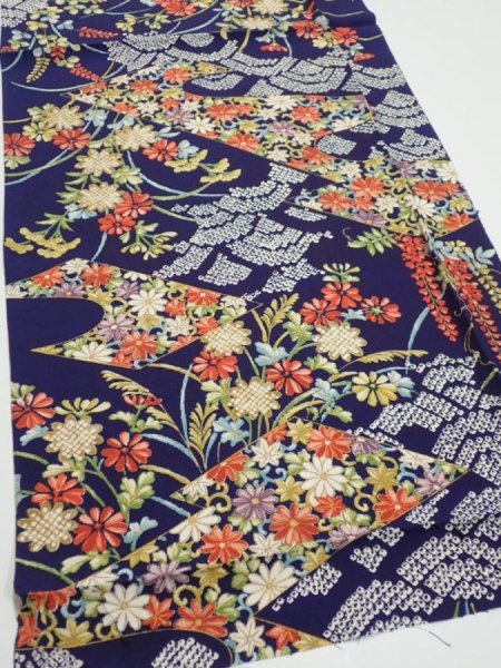 Photo2: 3K01z60  Japanese Kimono Silk  FABRIC Flowers Navy 41.3x14.6 (2)