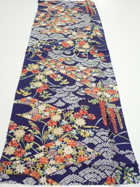 Photo5: 3K01z60  Japanese Kimono Silk  FABRIC Flowers Navy 41.3x14.6 (5)