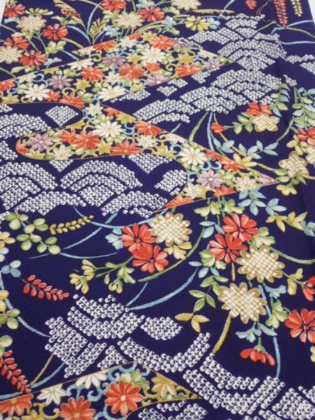 Photo1: 3K02z60  Japanese Kimono Silk  FABRIC Flowers Navy 41.7x14.6 (1)