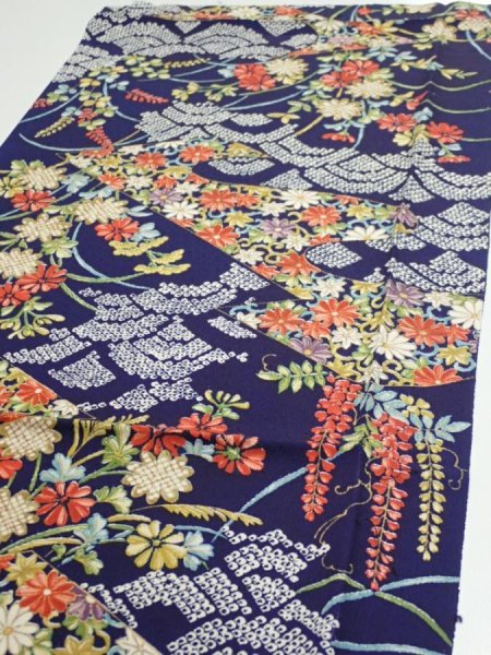Photo3: 3K02z60  Japanese Kimono Silk  FABRIC Flowers Navy 41.7x14.6 (3)