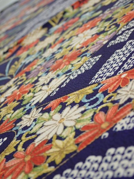 Photo4: 3K02z60  Japanese Kimono Silk  FABRIC Flowers Navy 41.7x14.6 (4)