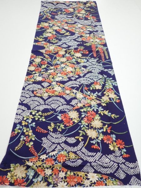 Photo5: 3K02z60  Japanese Kimono Silk  FABRIC Flowers Navy 41.7x14.6 (5)