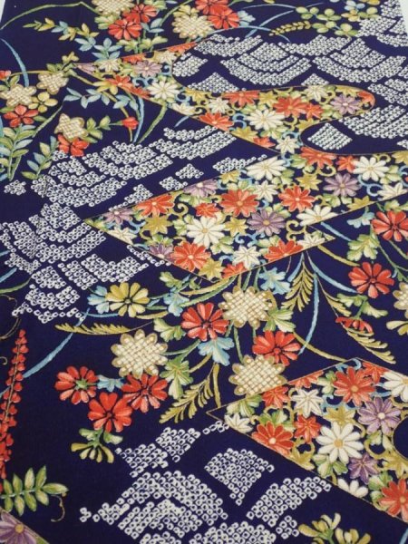 Photo1: 3K04z80  Japanese Kimono Silk  FABRIC Flowers Navy 63.0x14.6 (1)