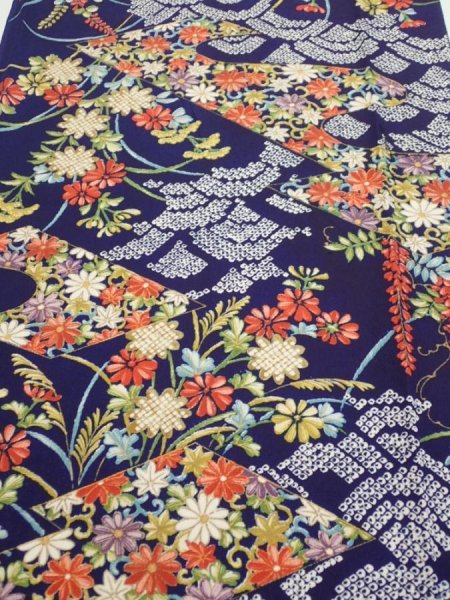 Photo1: 3K05z80  Japanese Kimono Silk  FABRIC Flowers Navy 62.2x14.6 (1)