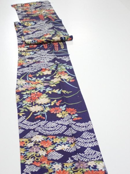 Photo3: 3K09z50  Japanese Kimono Silk  FABRIC Flowers Navy 80.3x6.9 (3)