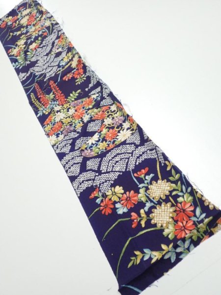 Photo1: 3K10z30  Japanese Kimono Silk  FABRIC Flowers Navy 35.8x6.7 (1)