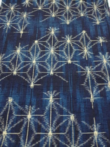 Photo1: 3K01z50  Japanese Kimono Silk TSUMUGI FABRIC Asanoha Dark navy 41.7x14.2 (1)