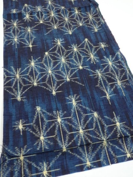 Photo2: 3K01z50  Japanese Kimono Silk TSUMUGI FABRIC Asanoha Dark navy 41.7x14.2 (2)