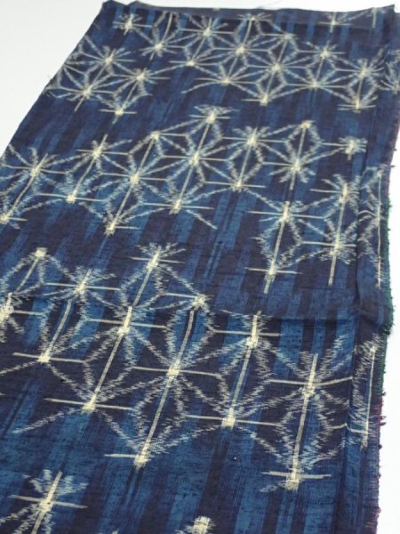 Photo3: 3K01z50  Japanese Kimono Silk TSUMUGI FABRIC Asanoha Dark navy 41.7x14.2 (3)