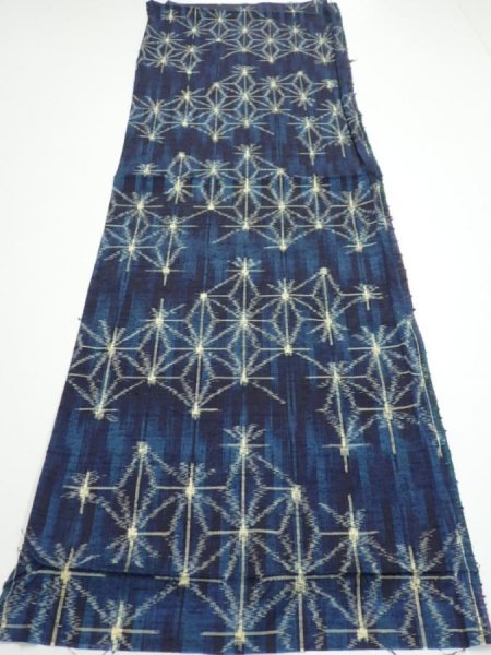 Photo5: 3K01z50  Japanese Kimono Silk TSUMUGI FABRIC Asanoha Dark navy 41.7x14.2 (5)