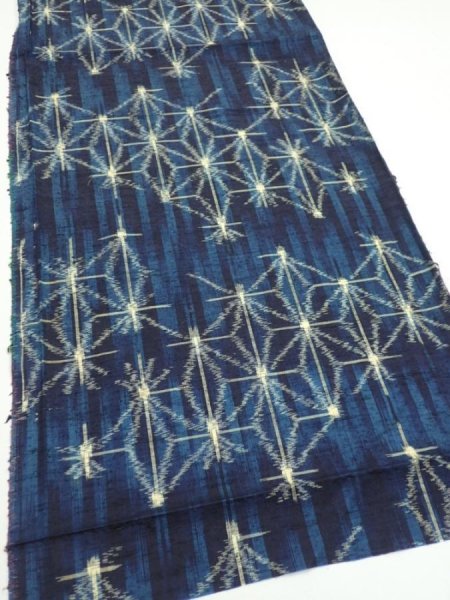 Photo2: 3K02z50  Japanese Kimono Silk TSUMUGI FABRIC Asanoha Dark navy 41.7x14.2 (2)