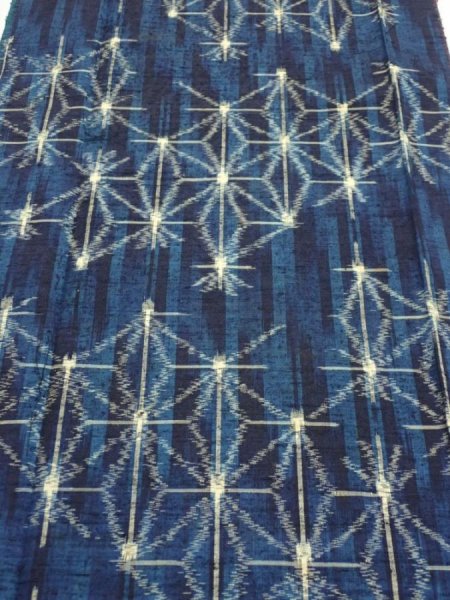 Photo1: 3K03z70  Japanese Kimono Silk TSUMUGI FABRIC Asanoha Dark navy 62.2x14.2 (1)
